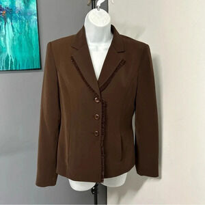 Women’s Size 4 Brown Blazer 3 Button Ruffle Pockets Lined Career Classic Office